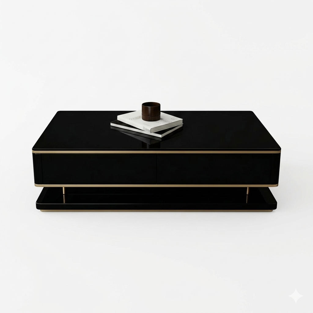 MFURN Obsidian Black Gloss Coffee Table with Gold Trim – 130cm