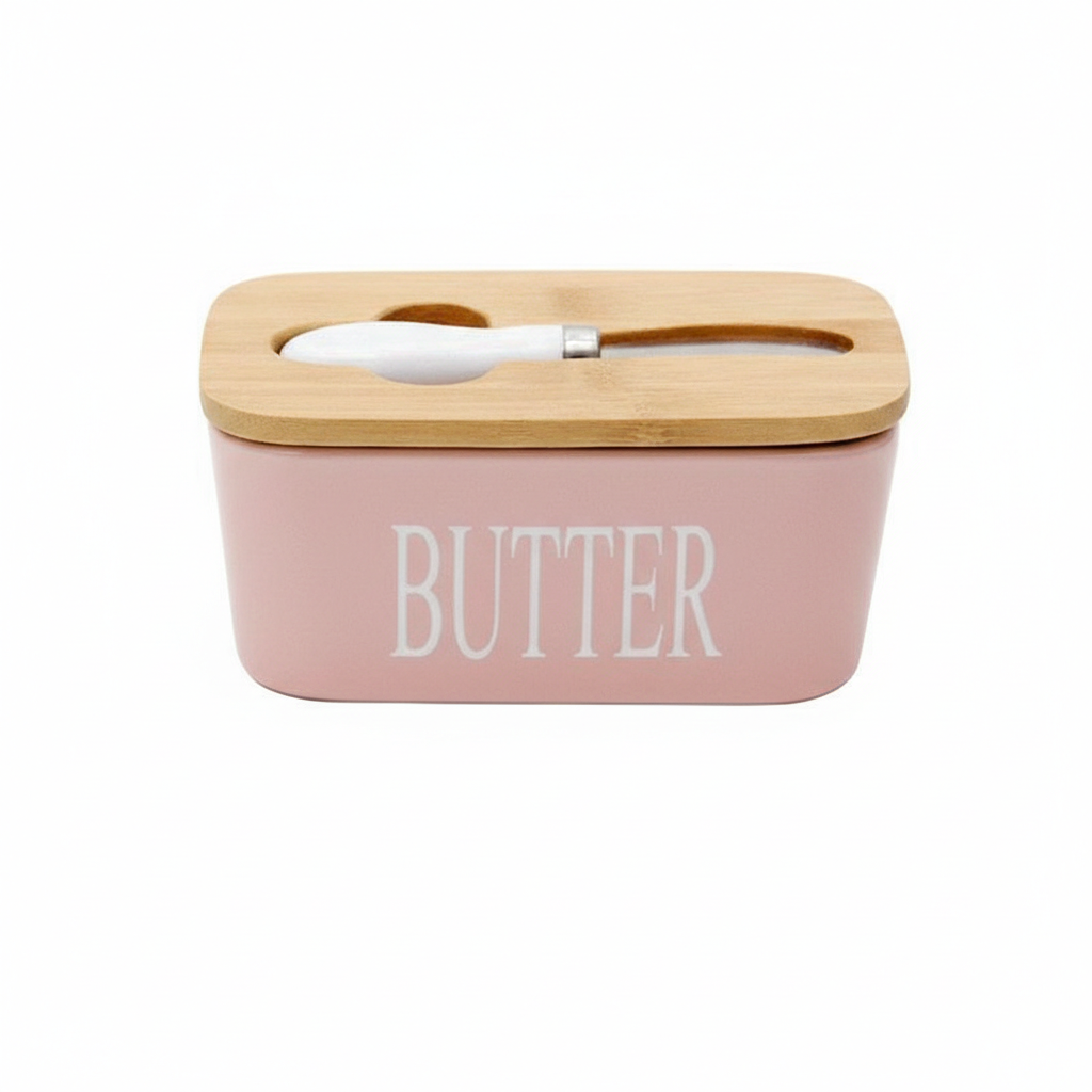 MHome Ceramic Butter Dish with Bamboo Lid and Stainless Steel Knife