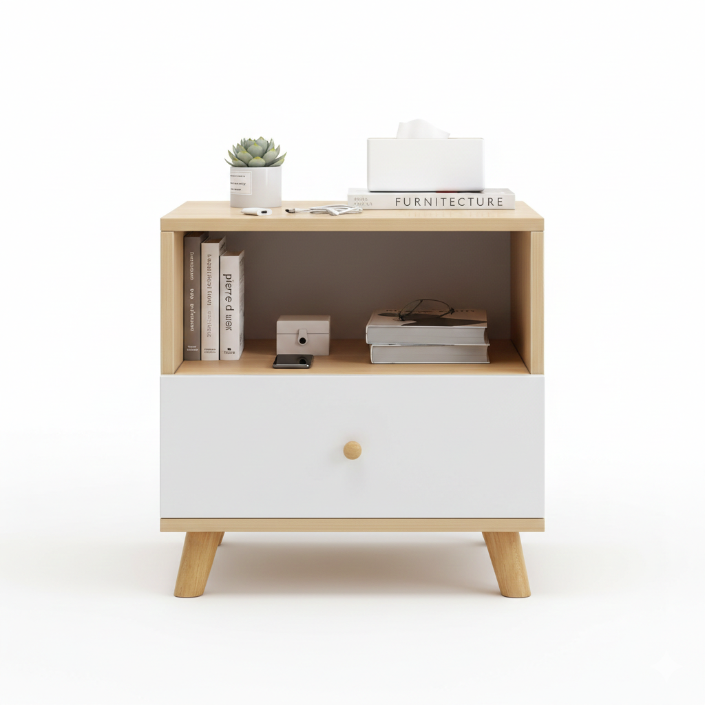MHome Modern Single-Drawer Nightstand – Scandinavian Minimalist Design