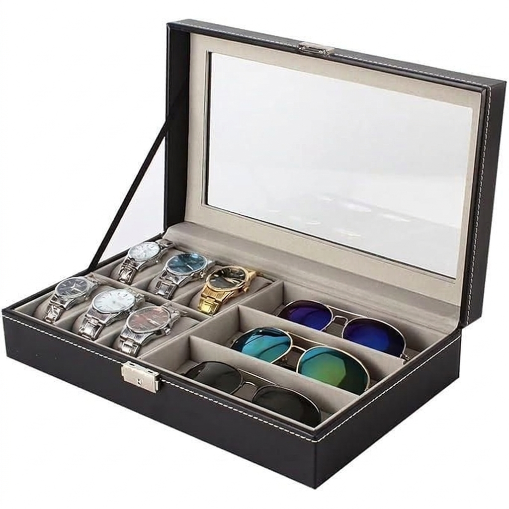 10-Slot Wooden Watch And Sunglasses Storage Box With Mirror