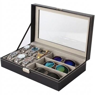 10-Slot Wooden Watch And Sunglasses Storage Box With Mirror