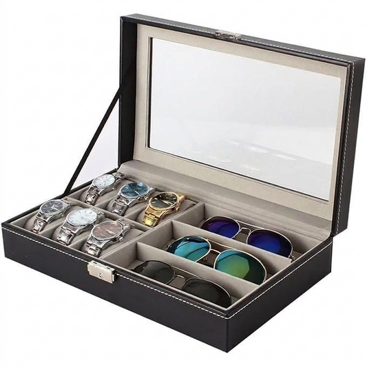 10-Slot Wooden Watch And Sunglasses Storage Box With Mirror