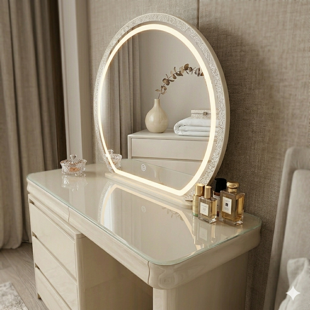 MHome Modern Vanity Dressing Table with LED Mirror – 3 Drawers, Glass Top, Cream Finish