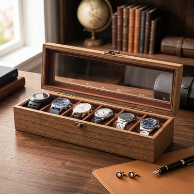 Watch Box for Men and Women - Large Glass Lid, Wooden Display Storage Case With 6 Slots
