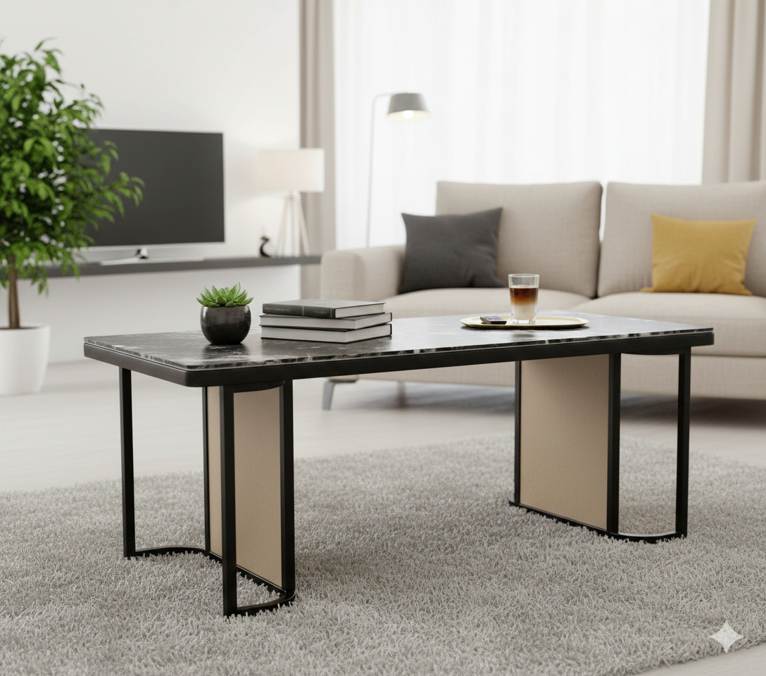 MFurn Luxury Minimalist Coffee Table – Ceramic Stone Top & Steel Base