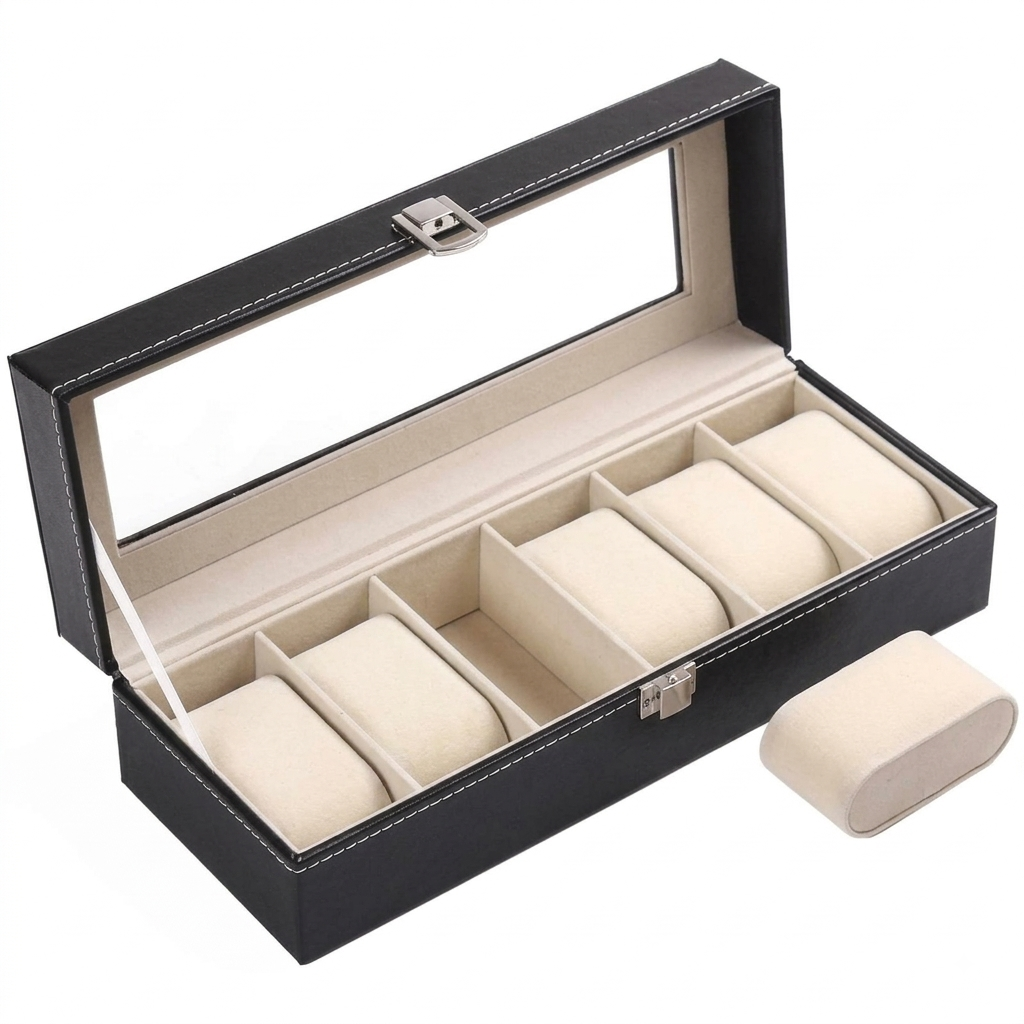 6-Slot Wooden Watch Storage Box With Glass Display Lid