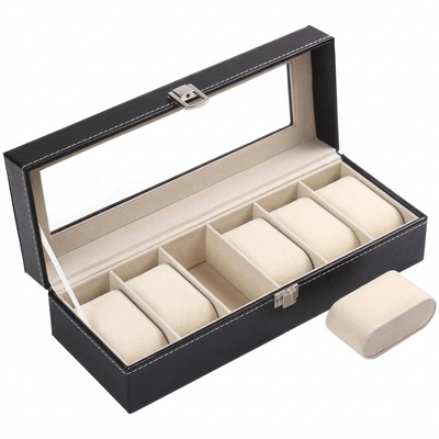 6-Slot Wooden Watch Storage Box With Glass Display Lid