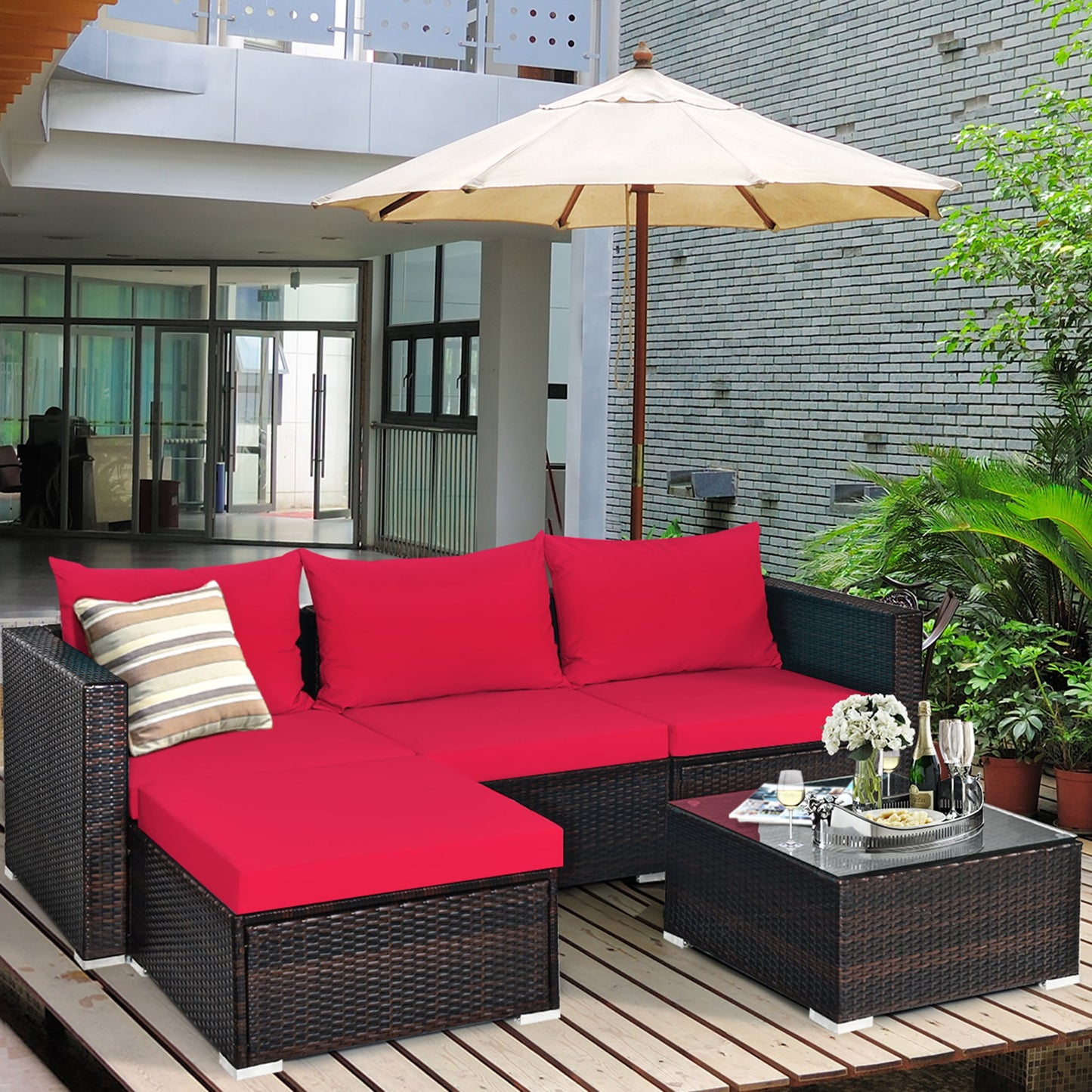 MFurn Kail Inspired 5-Piece Rattan Patio Sofa Set with Red Cushions & Ottoman