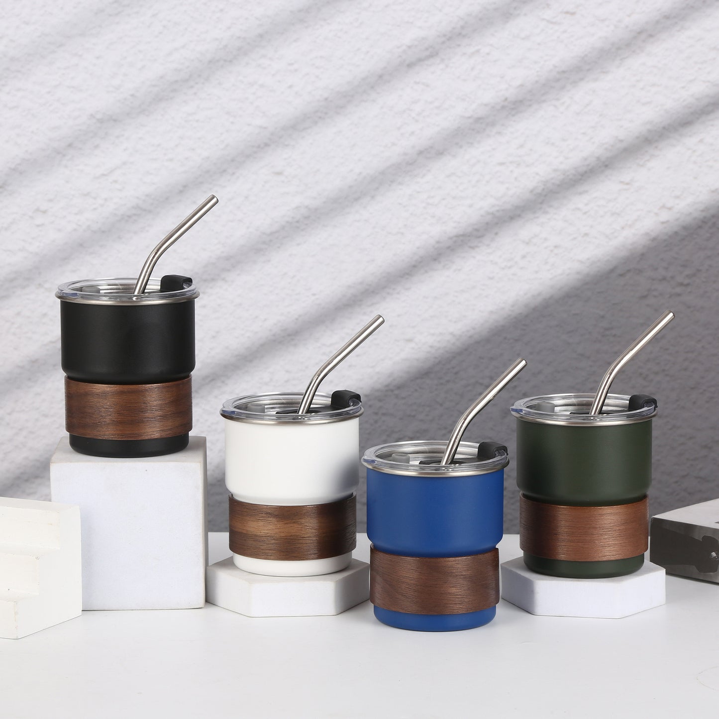 MHOME 300ML Stainless Steel Stacked Camping Cups with Walnut Handle