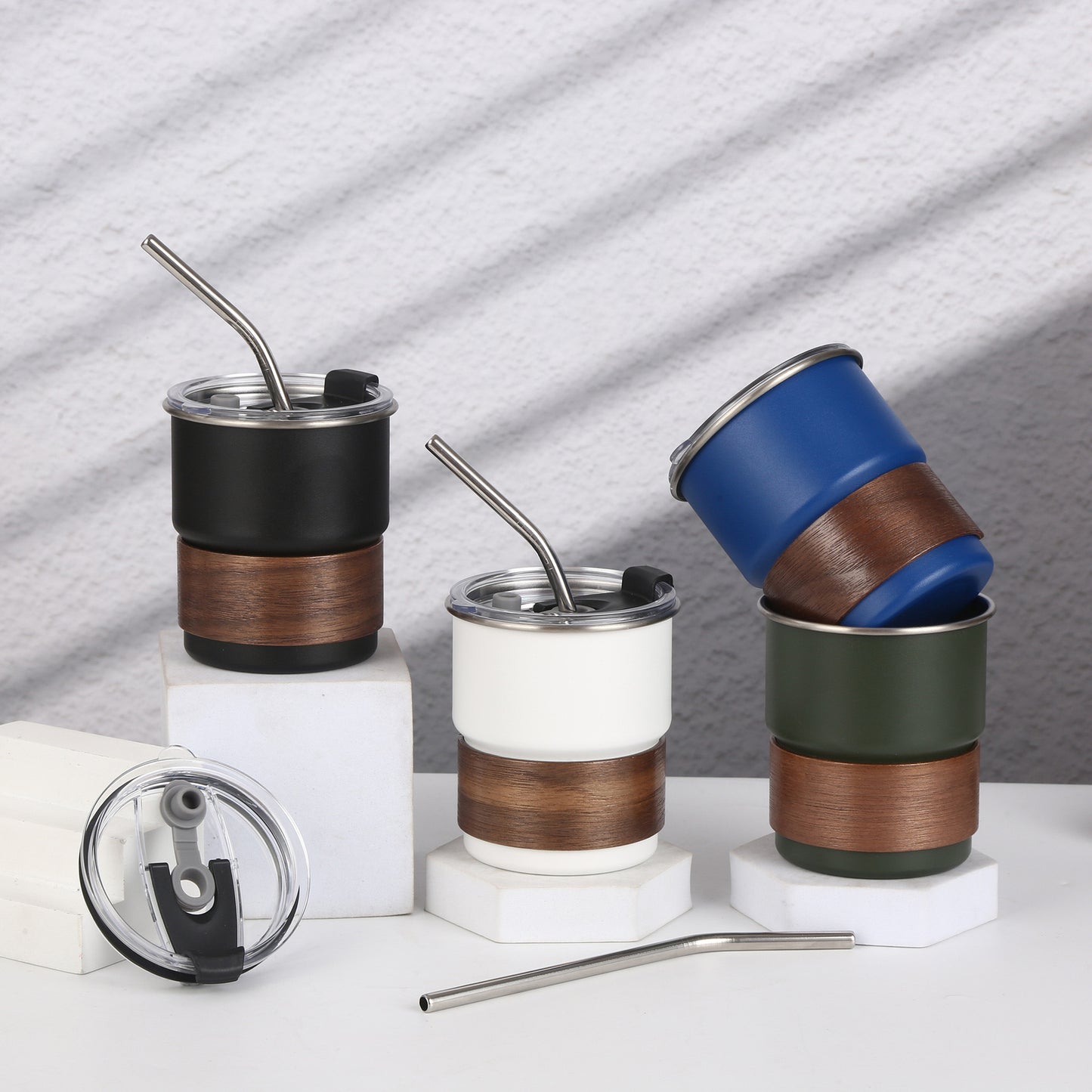 MHOME 300ML Stainless Steel Stacked Camping Cups with Walnut Handle