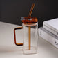 MHome 350ml Square Glass Tumbler with Lid and Straw, Brown Handle