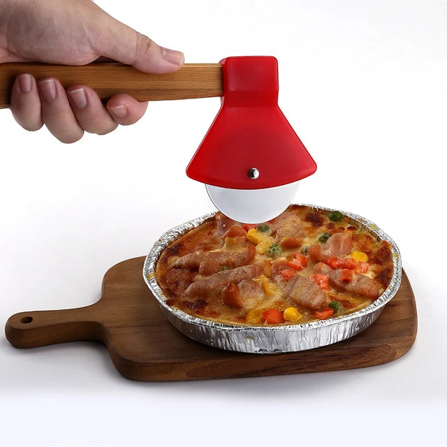 MHome 360° Roller Axe Pizza Cutter – Stainless Steel Blade with Bamboo Handle