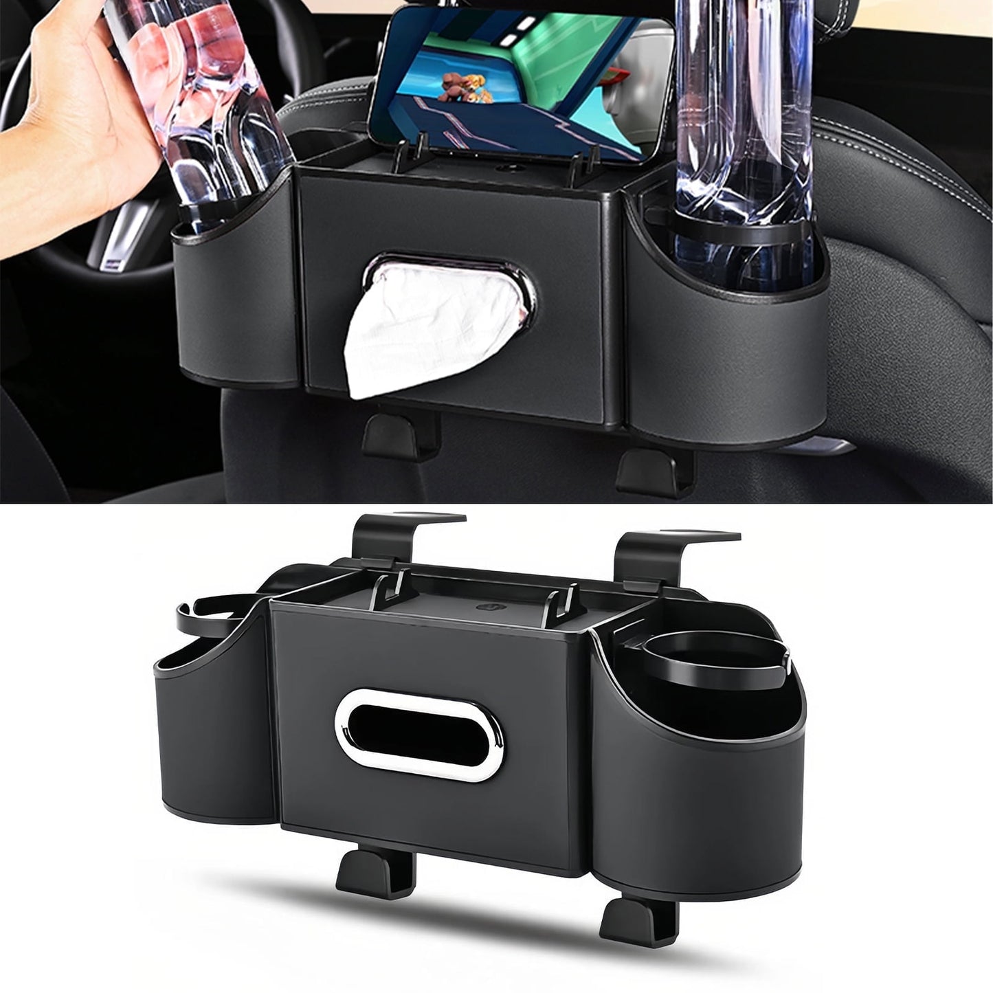 Car Back Seat Organizer with Cup & Tissue Holder, Hooks & Storage Tray Plus