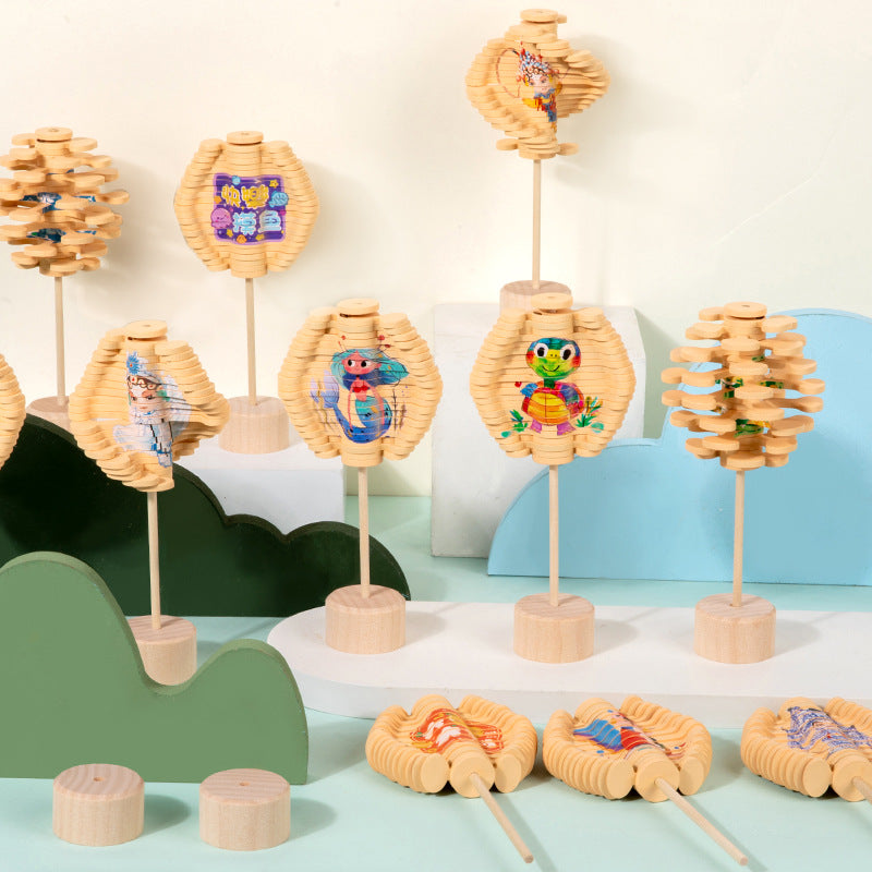Wooden Spinning Lollipop Toy – Animal Pattern Anti-Stress Fidget Toy for Kids & Adults