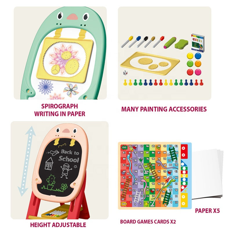 Kids Adjustable Easel Vertical Double-Sided Kids Magnetic Drawing Board With Shelf – 46-Piece Art Set