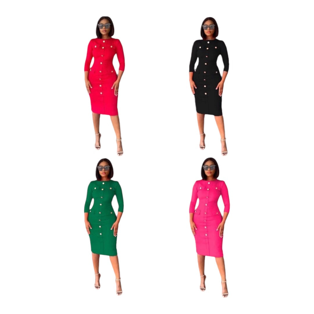 Solid Crew Neck Button Front Body-Con Dress, Half Sleeve Elegant Dress Women's Clothing