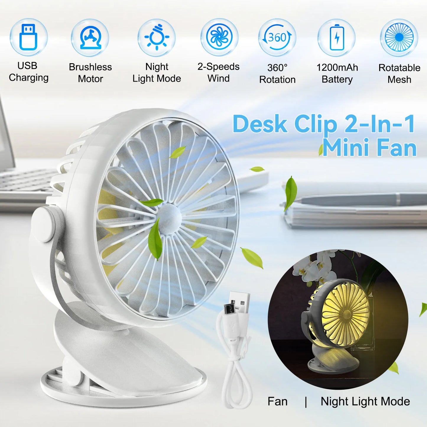 Portable USB Rechargeable Mini Cooling Fan Clip On/Desktop/Wall Mount LED Light