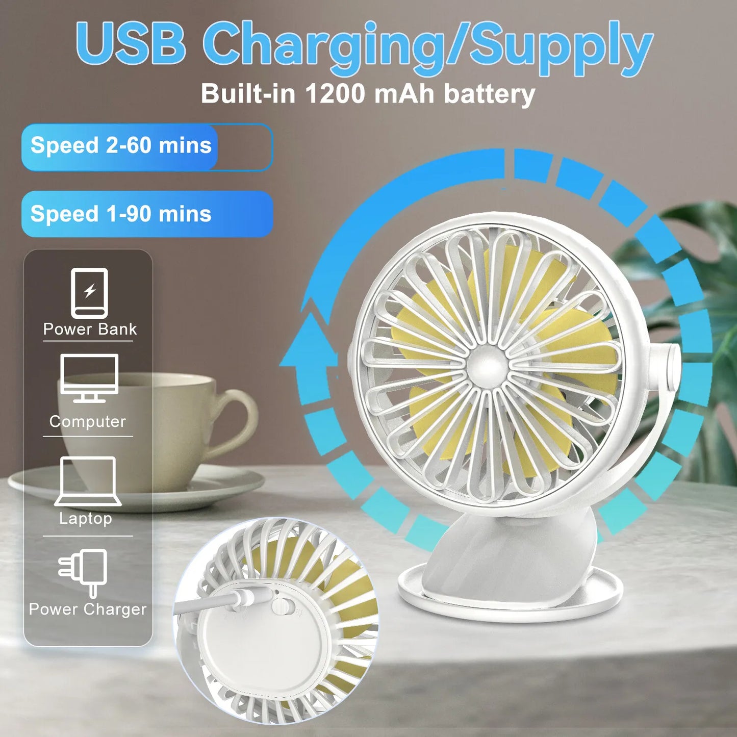 Portable USB Rechargeable Mini Cooling Fan Clip On/Desktop/Wall Mount LED Light