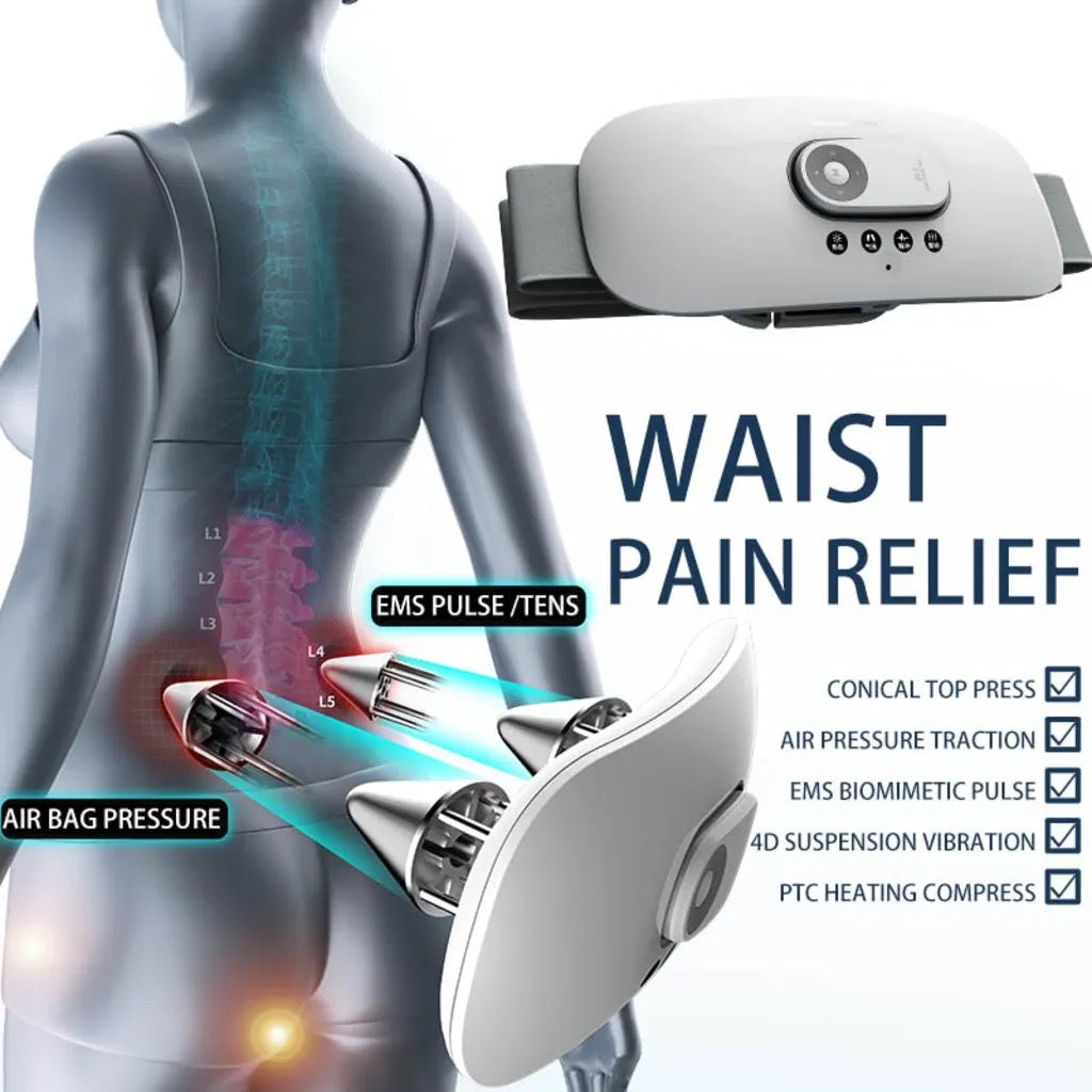 Relieve pain with the Electric Low Back EMS Pulse Massage: Lumbar Traction, Hot Compress, Vibration, Air Pressure. Multifunction-PreOrder Sales Now Available!