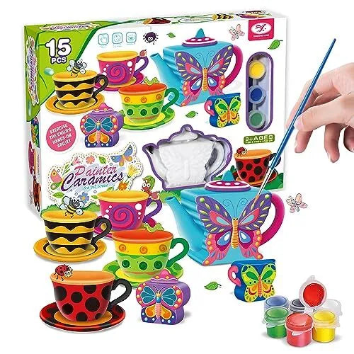 Tea Set for Little Girls,15Pcs Paint Your Own Ceramic Tea Party Pretend