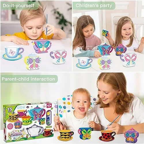 Tea Set for Little Girls,15Pcs Paint Your Own Ceramic Tea Party Pretend