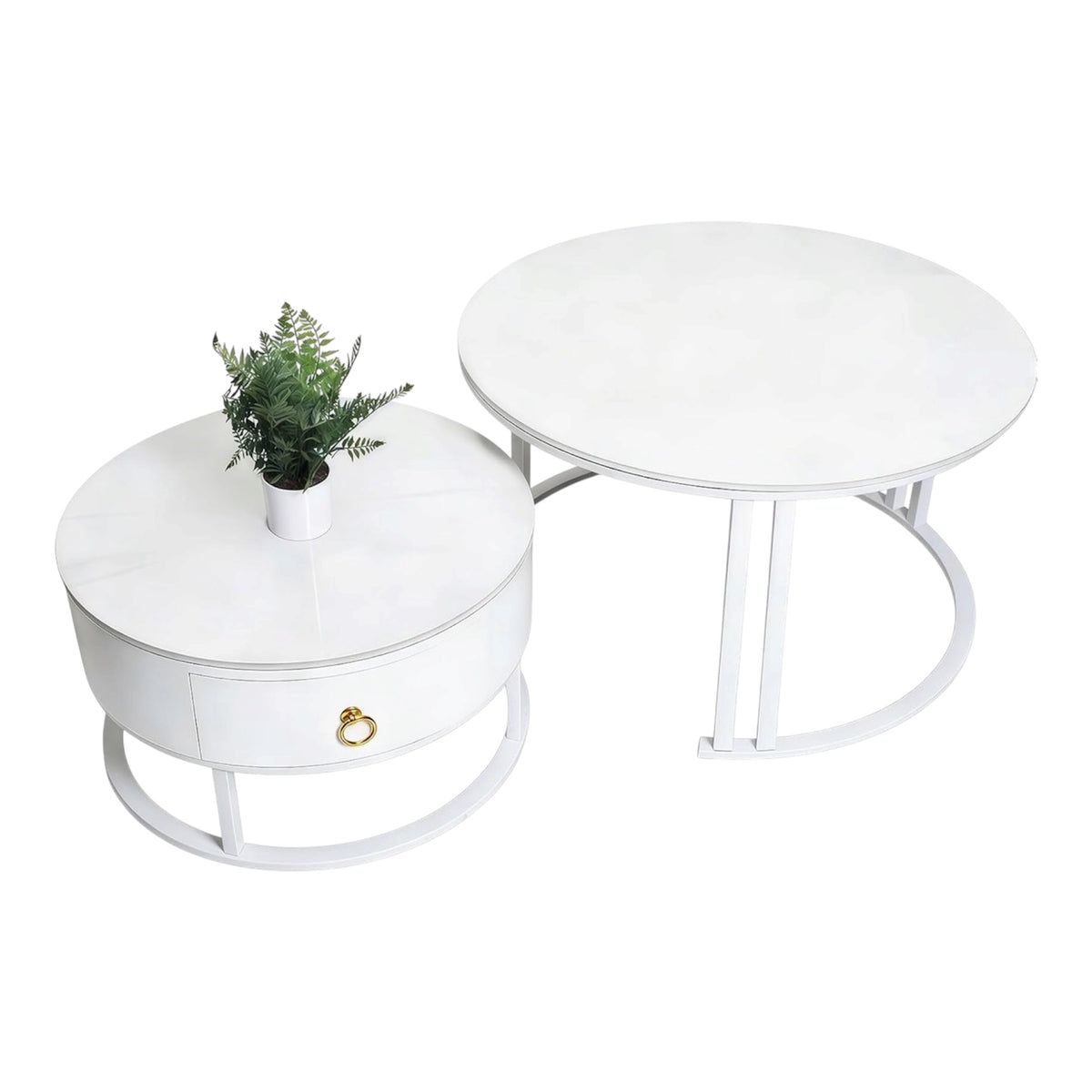 MFURN White Coffee Tables, Nesting Coffee Tables Set of 2, Nest of Table with Storage Drawer, Modern Centre Table with Rock Slab and Metal Frame Legs for Living Room, Office, Apartment