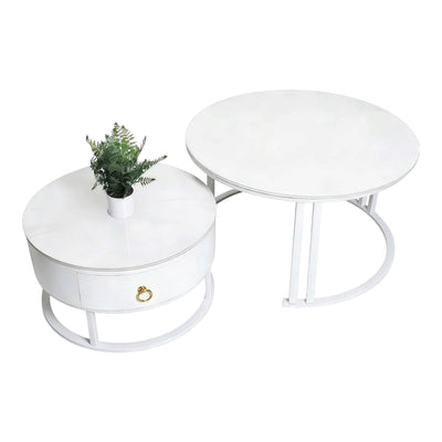 MFURN White Coffee Tables, Nesting Coffee Tables Set of 2, Nest of Table with Storage Drawer, Modern Centre Table with Rock Slab and Metal Frame Legs for Living Room, Office, Apartment
