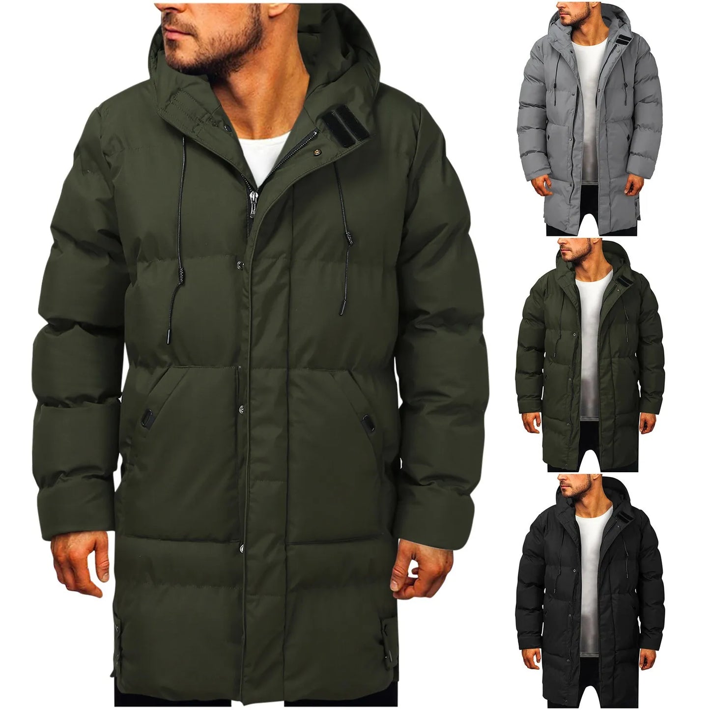 Mens Zipper Padded Jacket With Hood Long Sleeve Warm Long Coat