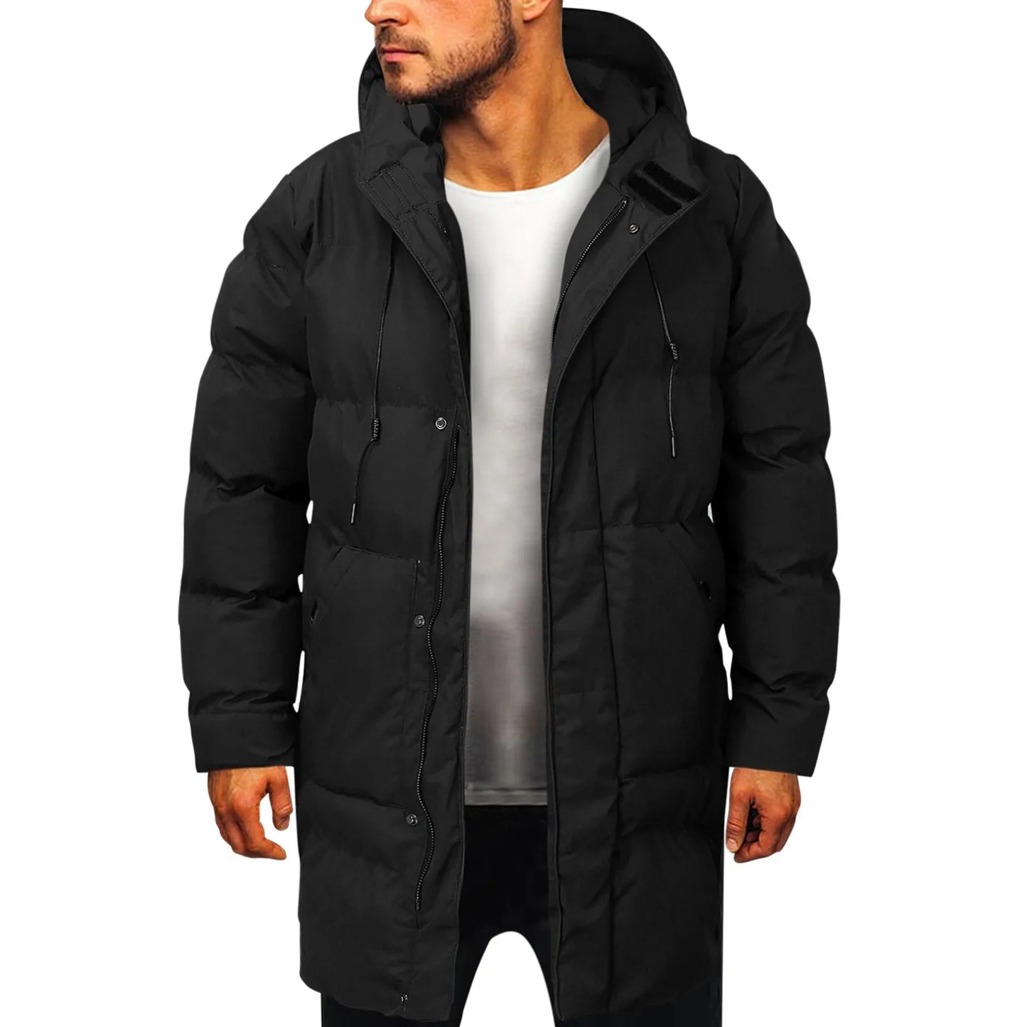 Mens Zipper Padded Jacket With Hood Long Sleeve Warm Long Coat