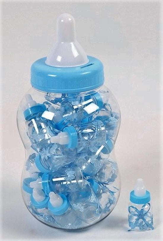 Congratulations, A Baby Shower for a Boy! Large bottle as a piggy bank, containing 30 small bottles, which you can fill with meringues 1 kg (blue/white). You can use this to thank your visitors. Gender Reveal…