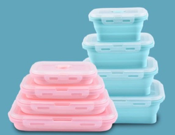 Foldable Silicone Food Storage Containers Microwave and Freezer Safe Collapsible Easy to Carry Indoor and Outdoor (BLUE or PINK) 4pc Set
