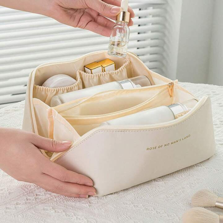 Beige Waterproof Portable Comestic Bag, Large Capacity Makeup Bag, Travel Toiletry Bag.