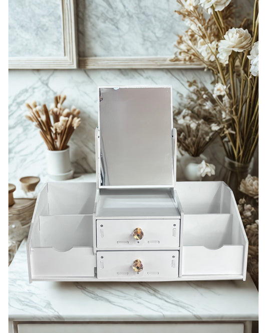 Mbeauty White Wooden Cosmetic Organiser With Drawers and Mirror