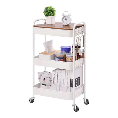 MFURN 3 Tier Rolling Cart with Table top, Metal Rolling Utility Cart on Wheels, Sturdy Storage Organizer Cart with Hooks for Office, Classroom, Kitchen and Bathroom (White)