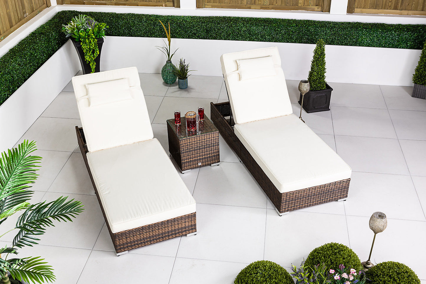 MFurn Cait Rattan Sun Loungers – Set of 2 with Side Table