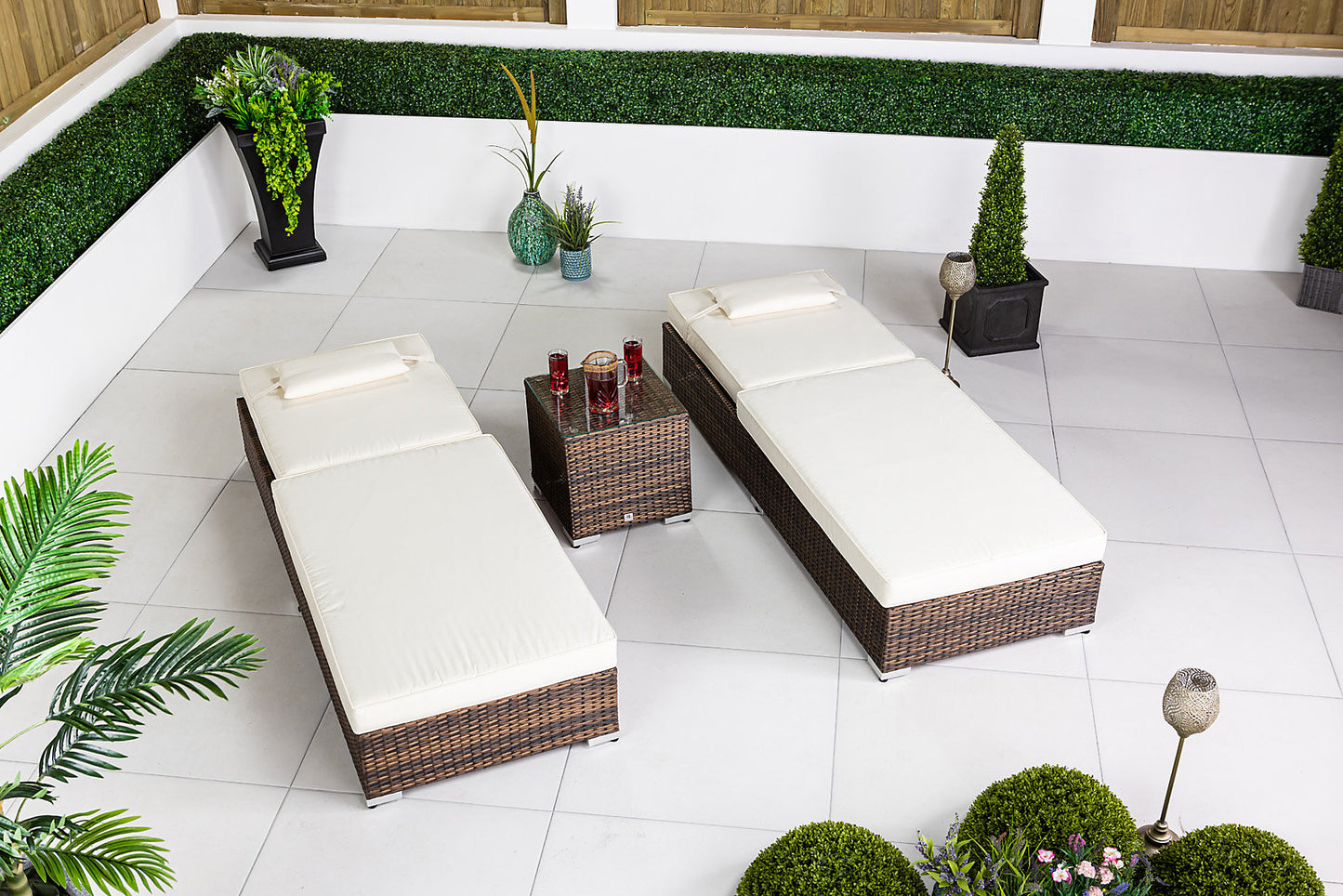 MFurn Cait Rattan Sun Loungers – Set of 2 with Side Table