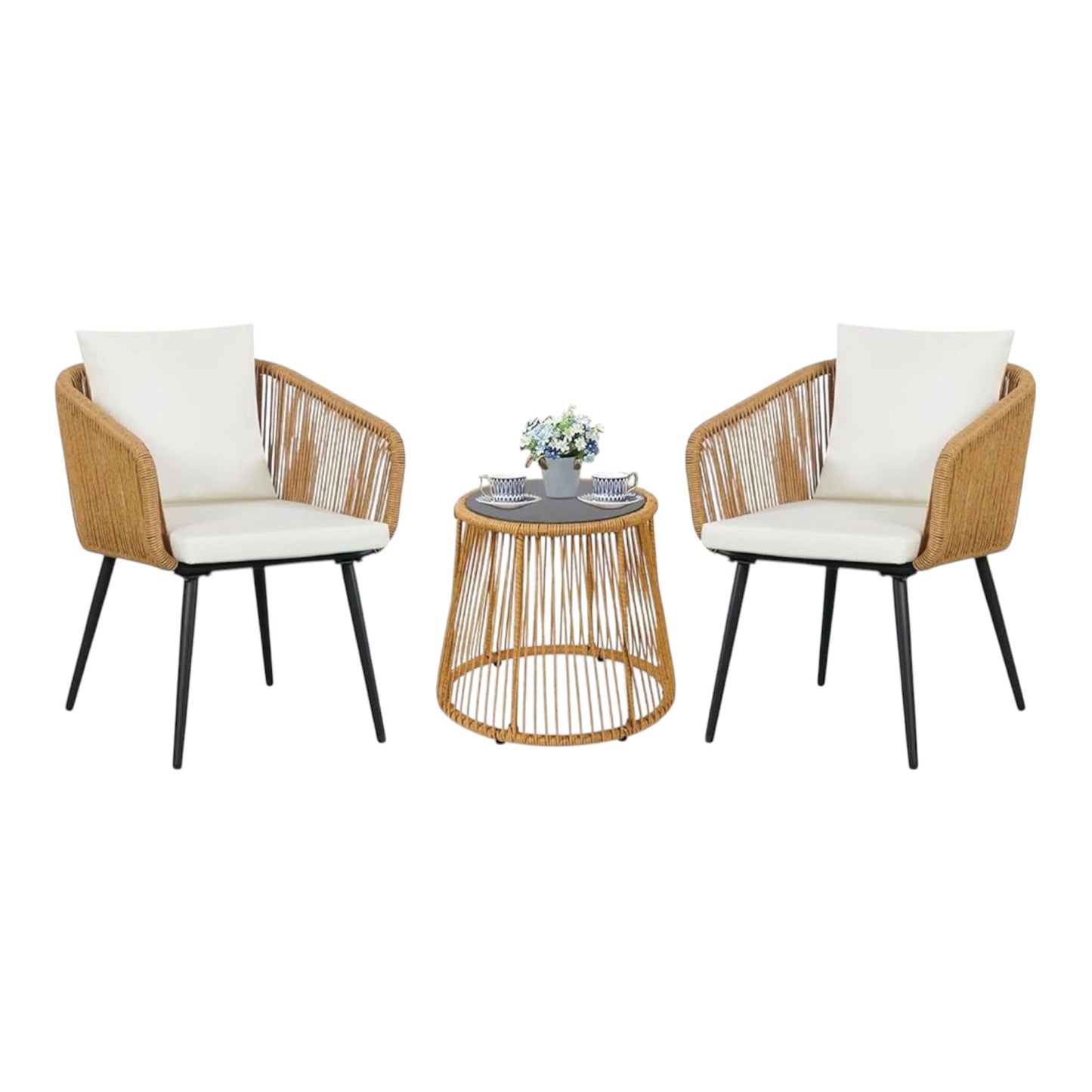 MFURN Caleb 3Piece Patio Bistro Set, Wicker Outdoor Patio Set with Enhanced Comfort Seating, Round Glass Top Coffee Side Table, Patio Rattan Conversation Set for Balcony, Lawn, Garden, Backyard