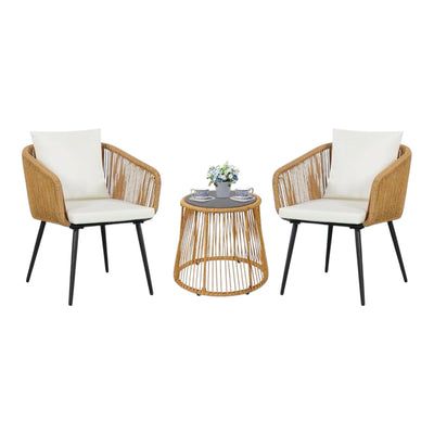 MFURN Caleb 3Piece Patio Bistro Set, Wicker Outdoor Patio Set with Enhanced Comfort Seating, Round Glass Top Coffee Side Table, Patio Rattan Conversation Set for Balcony, Lawn, Garden, Backyard