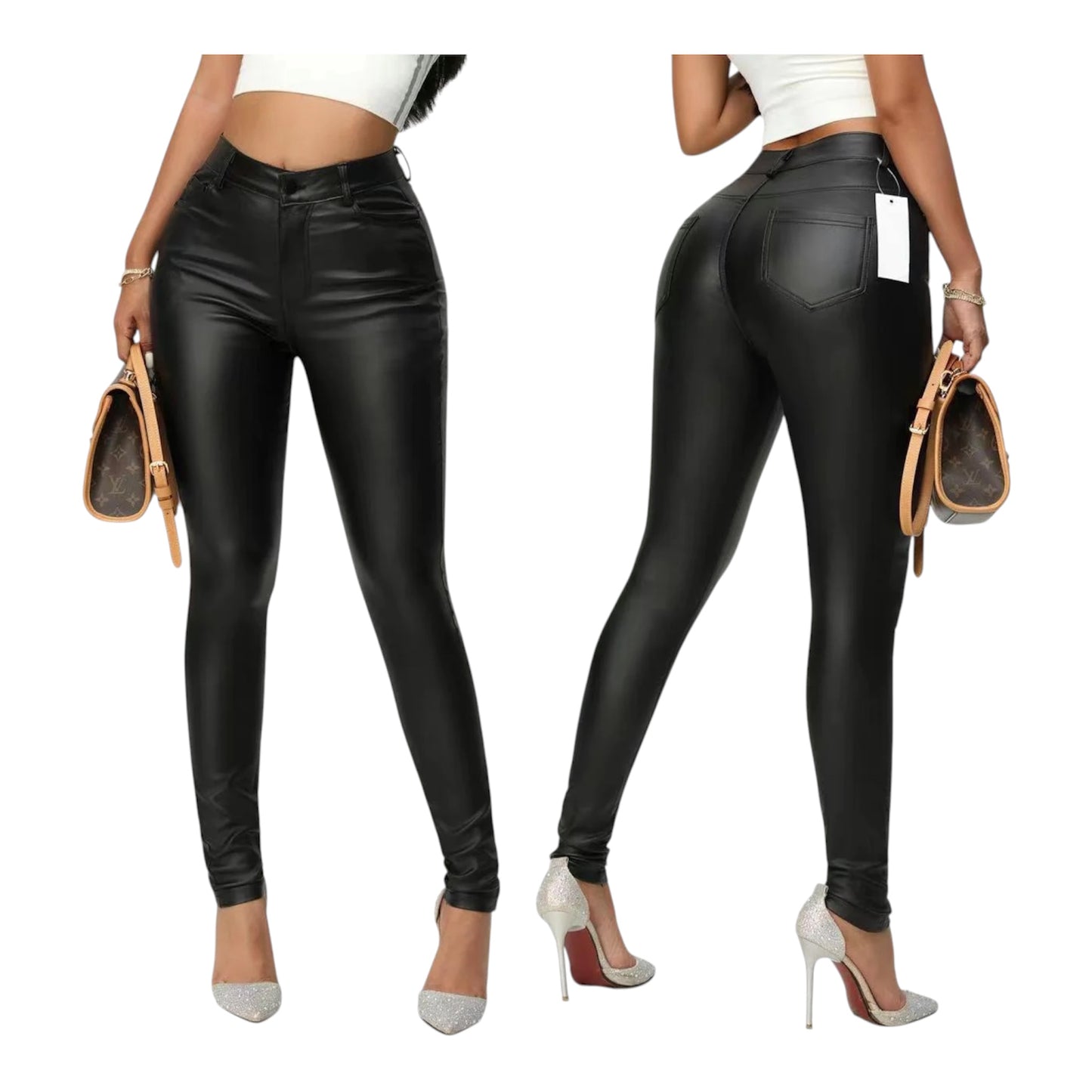 Ladies Trendy High-Waisted Faux Leather Skinny Pants-Various Sizes