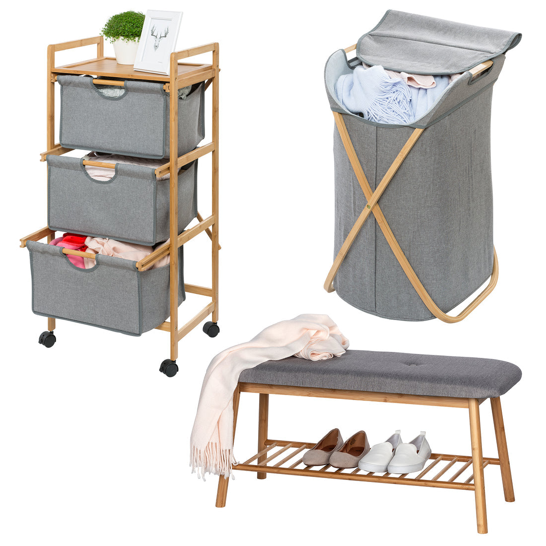 Laundry Trolley - 3 Drawer - Bamboo/Grey
