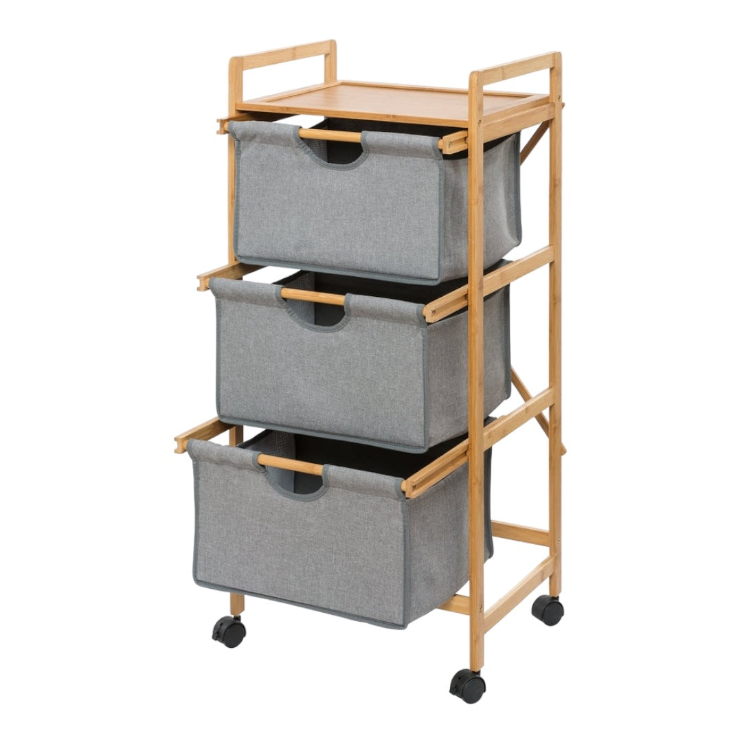 Laundry Trolley - 3 Drawer - Bamboo/Grey