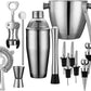 Professional Wine and Cocktail Mixing Bar Set by QLL, Large 0.7L Stainless Steel Shaker, Ice Bucket, Muddler, Double Sided Jigger, 4 Liquor Bottle Pourers, Hawthorne Strainer, Conical Strainer