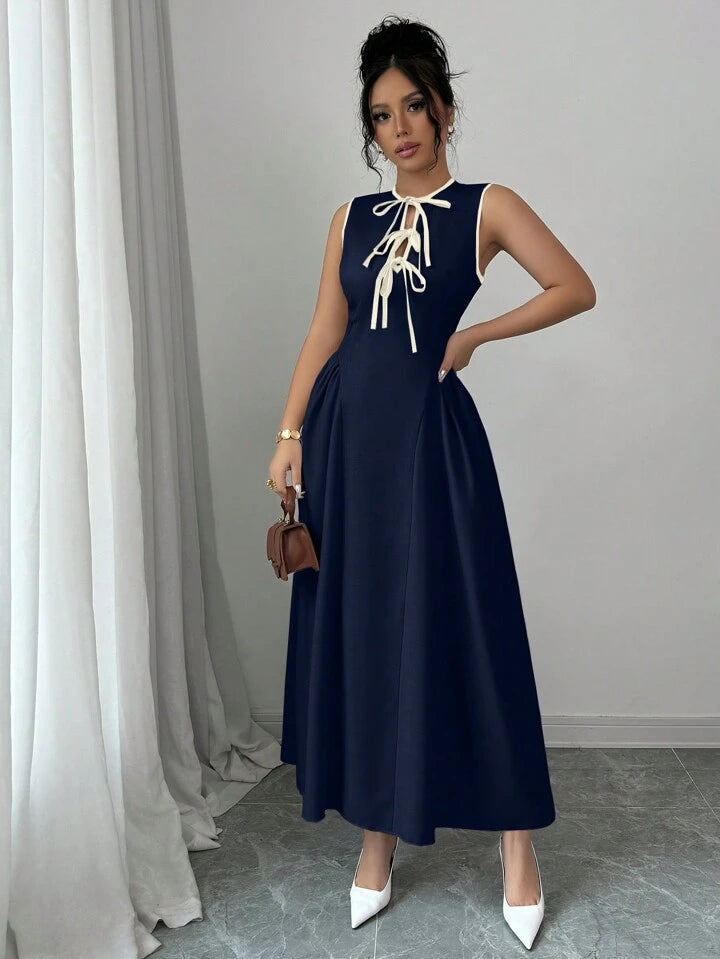 Women Hollow Out Collar Color Block Tie Waist Side Ruched Hem Sleeveless Texture Pleated Dress, Zipper Back, Fashion, Young, Elegant, Versatile, Waist Slimming