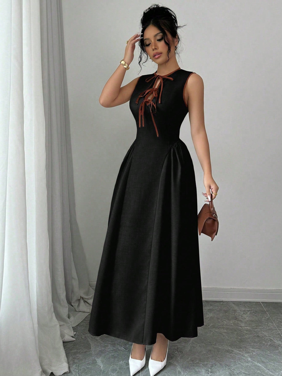 Women Hollow Out Collar Color Block Tie Waist Side Ruched Hem Sleeveless Texture Pleated Dress, Zipper Back, Fashion, Young, Elegant, Versatile, Waist Slimming