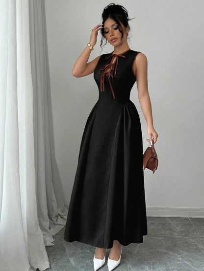 Women Hollow Out Collar Color Block Tie Waist Side Ruched Hem Sleeveless Texture Pleated Dress, Zipper Back, Fashion, Young, Elegant, Versatile, Waist Slimming