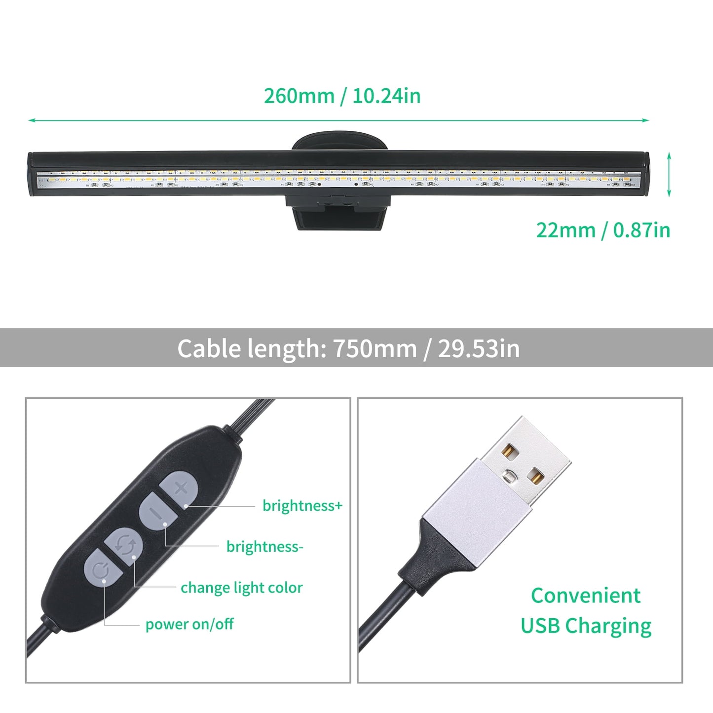 e-Reading Monitor Light for Laptop USB Operated Dimmable Eye-caring Screen Lamp 3 Color Temperature & Adjustable 10 Brightness Levels Space Saving LEDs Task Lamp
