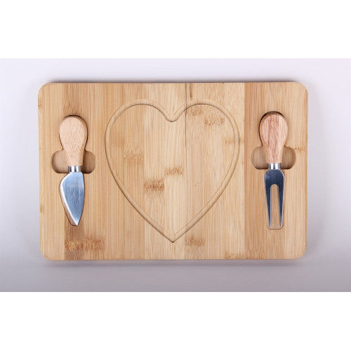 MHome Heart-Shaped Bamboo Cheese Board with Cutlery Set – 29x19cm