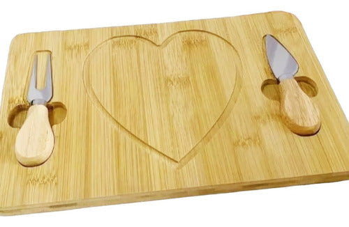 MHome Heart-Shaped Bamboo Cheese Board with Cutlery Set – 29x19cm