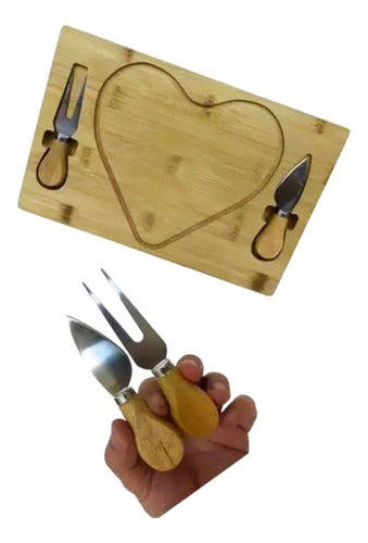 MHome Heart-Shaped Bamboo Cheese Board with Cutlery Set – 29x19cm