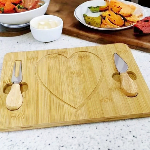 MHome Heart-Shaped Bamboo Cheese Board with Cutlery Set – 29x19cm